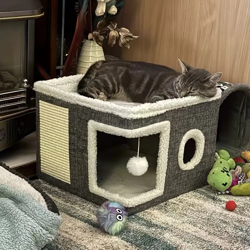 4-in-1 Luxury Foldable Cat House Villa with Scratch Pad and Reversible Cushion - Multi-Functional Indoor Cat Condo for Pet Hideaway