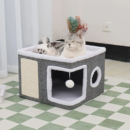 4-in-1 Luxury Foldable Cat House Villa with Scratch Pad and Reversible Cushion - Multi-Functional Indoor Cat Condo for Pet Hideaway