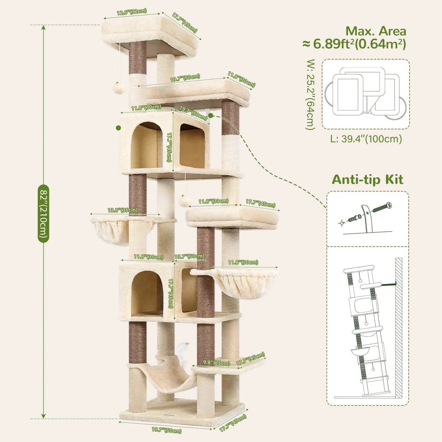Globlazer Premium 82" Heavy-Duty Cat Mansion, Corner Space-Saving Furniture with Dual Condos and Seven Sisal Scratching Posts