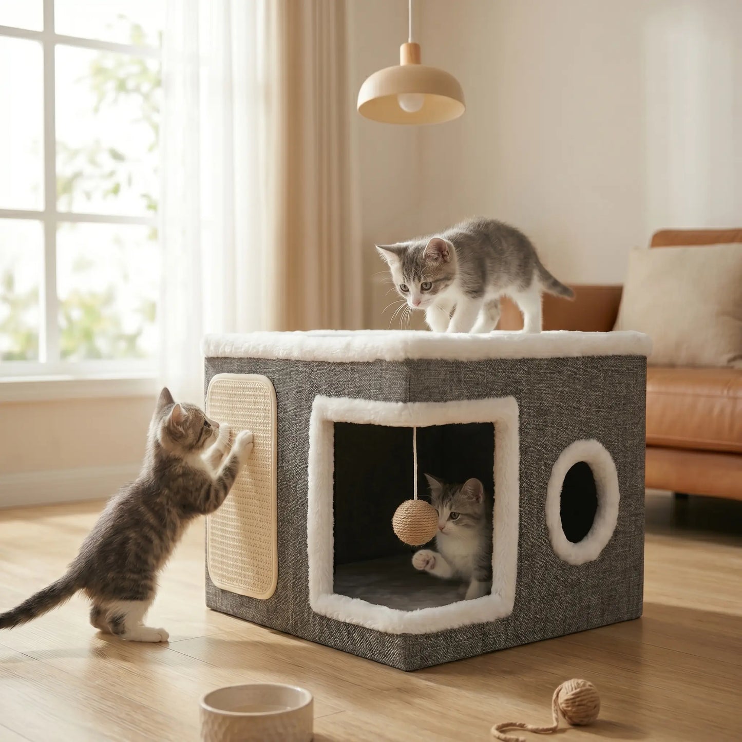 4-in-1 Luxury Foldable Cat House Villa with Scratch Pad and Reversible Cushion - Multi-Functional Indoor Cat Condo for Pet Hideaway