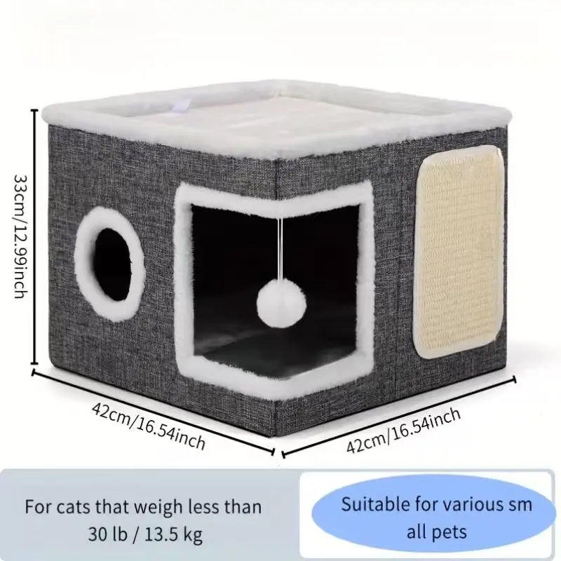 4-in-1 Luxury Foldable Cat House Villa with Scratch Pad and Reversible Cushion - Multi-Functional Indoor Cat Condo for Pet Hideaway