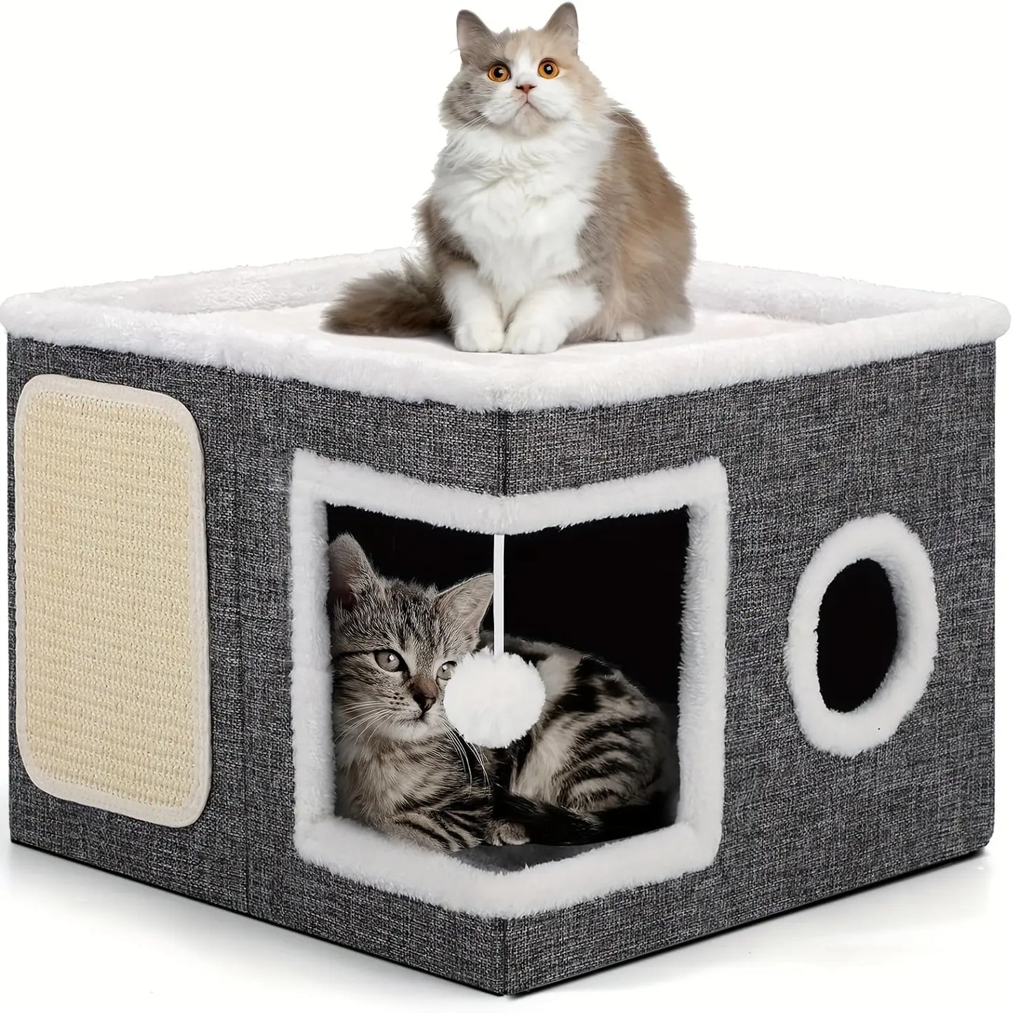 4-in-1 Luxury Foldable Cat House Villa with Scratch Pad and Reversible Cushion - Multi-Functional Indoor Cat Condo for Pet Hideaway