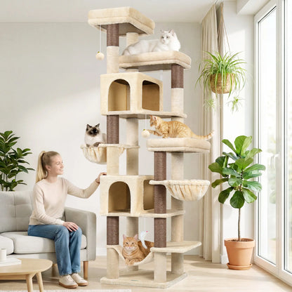 Globlazer Premium 82" Heavy-Duty Cat Mansion, Corner Space-Saving Furniture with Dual Condos and Seven Sisal Scratching Posts