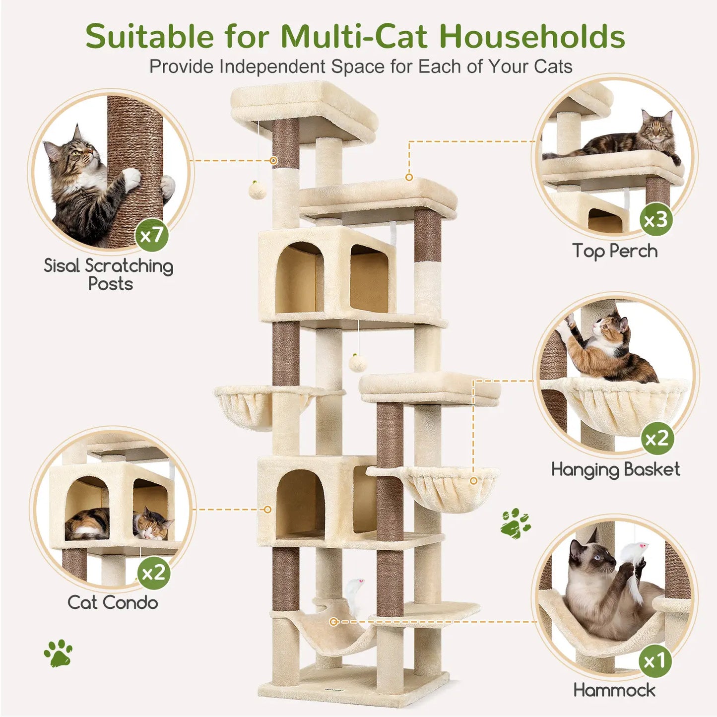 Globlazer Premium 82" Heavy-Duty Cat Mansion, Corner Space-Saving Furniture with Dual Condos and Seven Sisal Scratching Posts