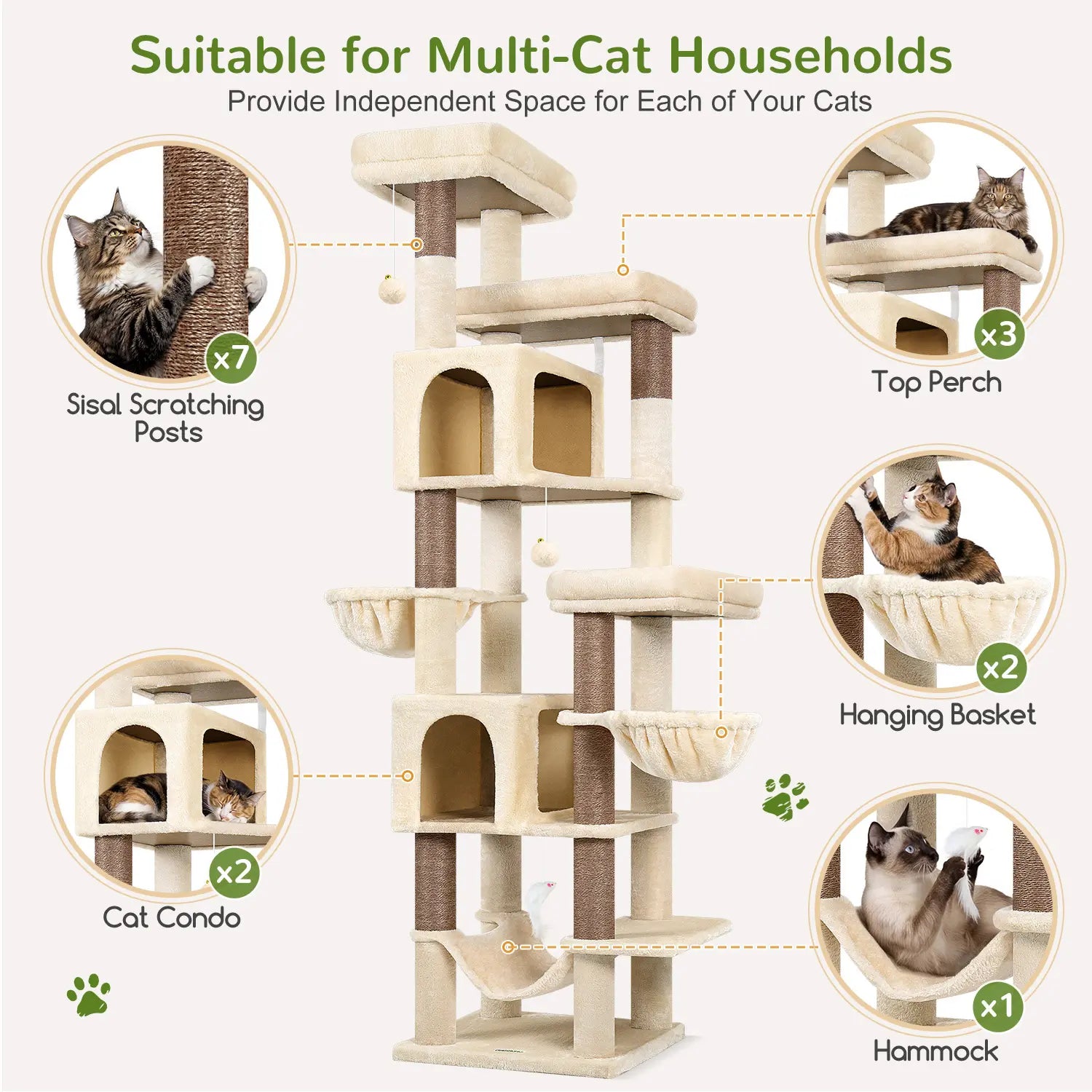 Globlazer Premium 82" Heavy-Duty Cat Mansion, Corner Space-Saving Furniture with Dual Condos and Seven Sisal Scratching Posts