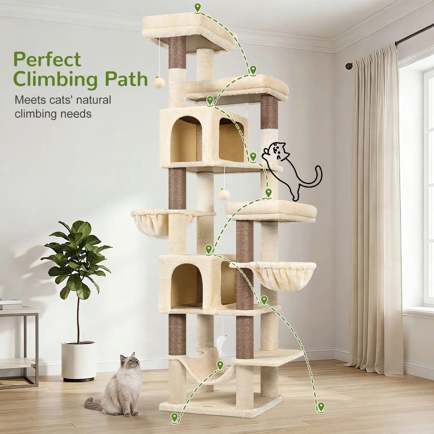 Globlazer Premium 82" Heavy-Duty Cat Mansion, Corner Space-Saving Furniture with Dual Condos and Seven Sisal Scratching Posts