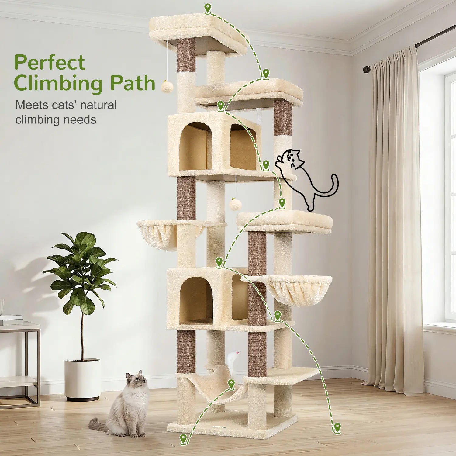 Globlazer Premium 82" Heavy-Duty Cat Mansion, Corner Space-Saving Furniture with Dual Condos and Seven Sisal Scratching Posts