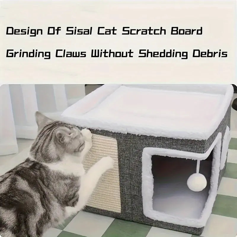 4-in-1 Luxury Foldable Cat House Villa with Scratch Pad and Reversible Cushion - Multi-Functional Indoor Cat Condo for Pet Hideaway