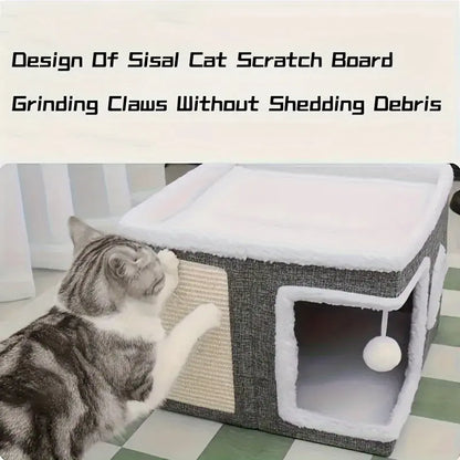 4-in-1 Luxury Foldable Cat House Villa with Scratch Pad and Reversible Cushion - Multi-Functional Indoor Cat Condo for Pet Hideaway